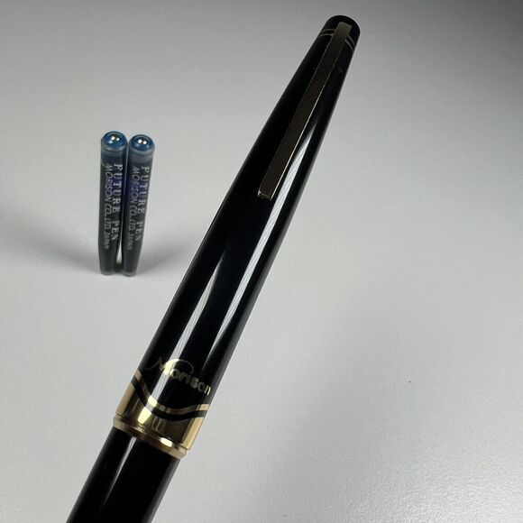 Vintage Morison Black with Gold Ballpoint Pen W/ Blue Ink Cartridges Japan NOS - Picture 2 of 5